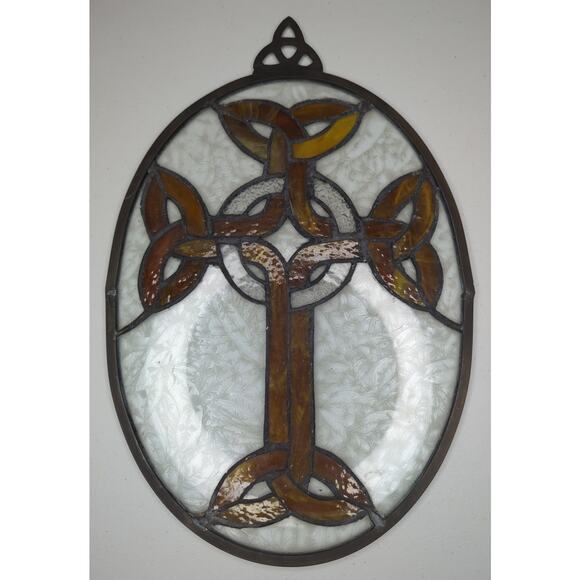 Stained Glass Window Pain, Keltic Cross - Brown/Yellow and Textured Clear Glass - Picture 1 of 4